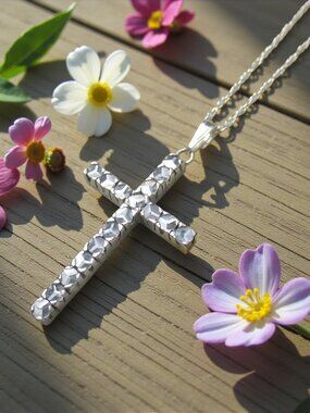 Trinity Sapphire Cross Necklace, Antique Sterling Pendant